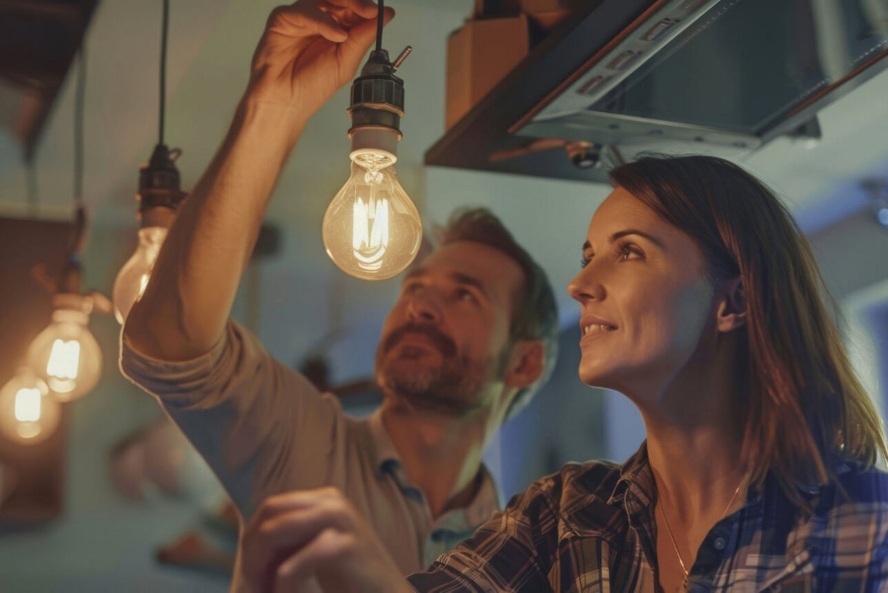 Paar taischt energiesparende Lampen im Haus aus.