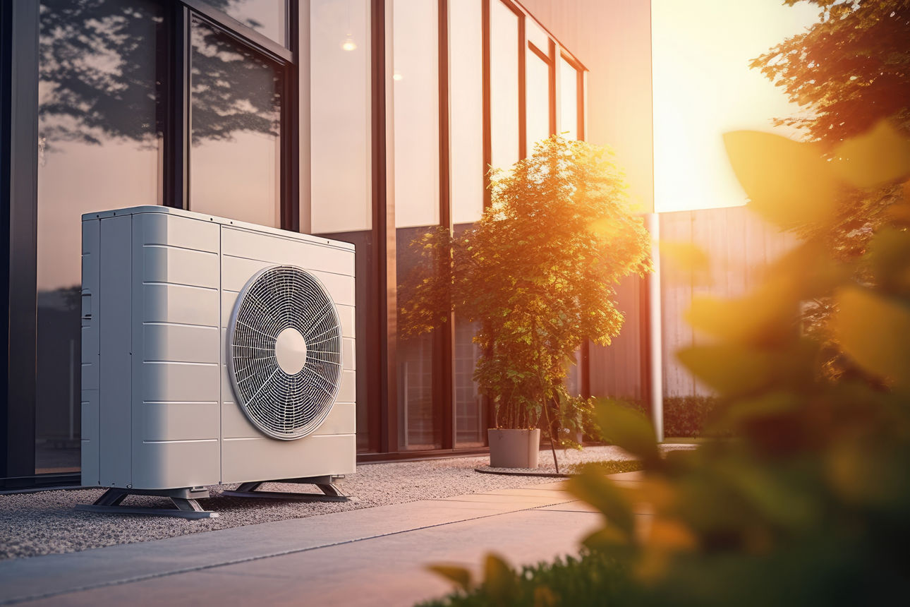 Außeneinheit einer modernen Wärmepumpe neben einem Wohnhaus bei Sonnenlicht – Symbol für nachhaltige Heiztechnik und energiee
