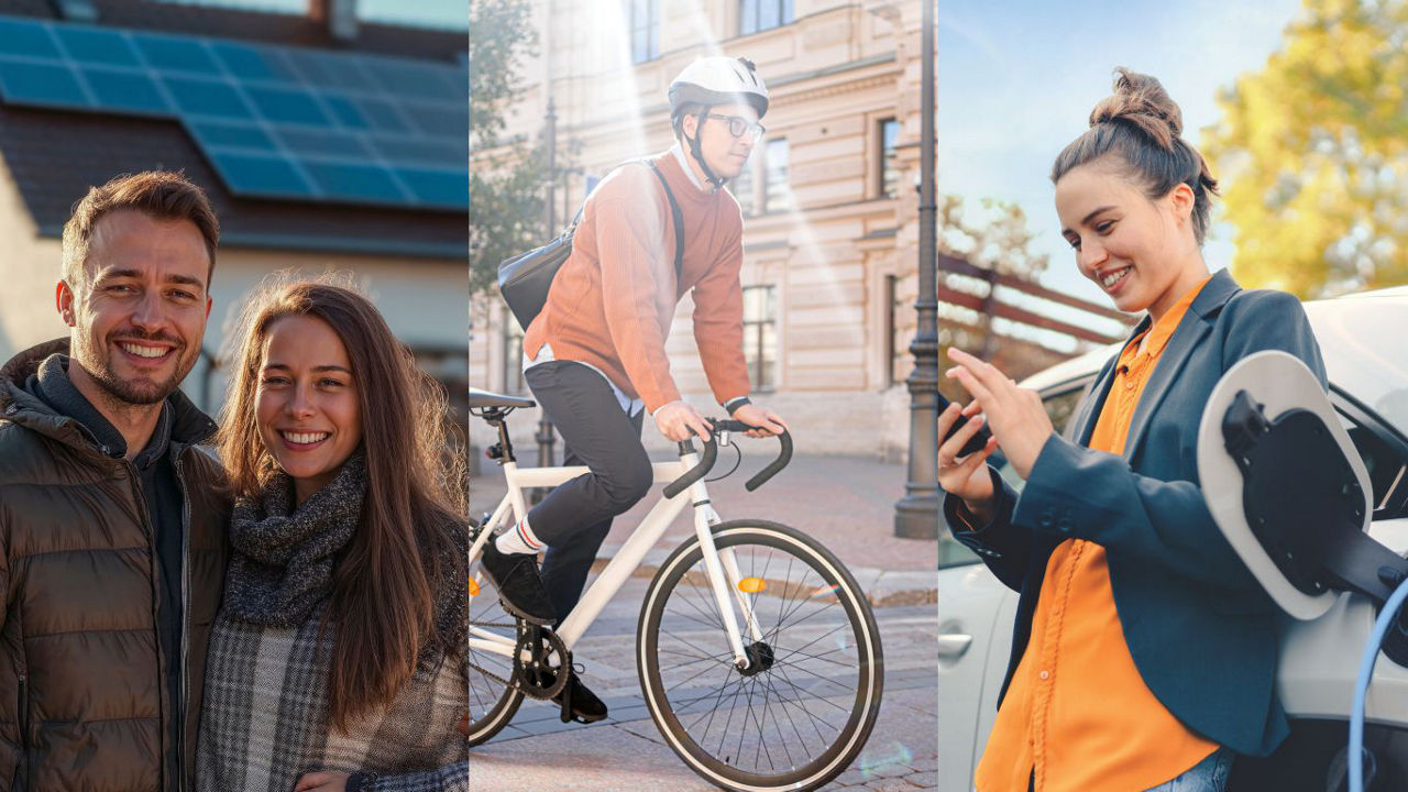 Energiespartalent-Collage: Pärchen vor Haus mit PV Anlage, Mann auf Fahrrad und Frau beim Laden ihres E-Autos