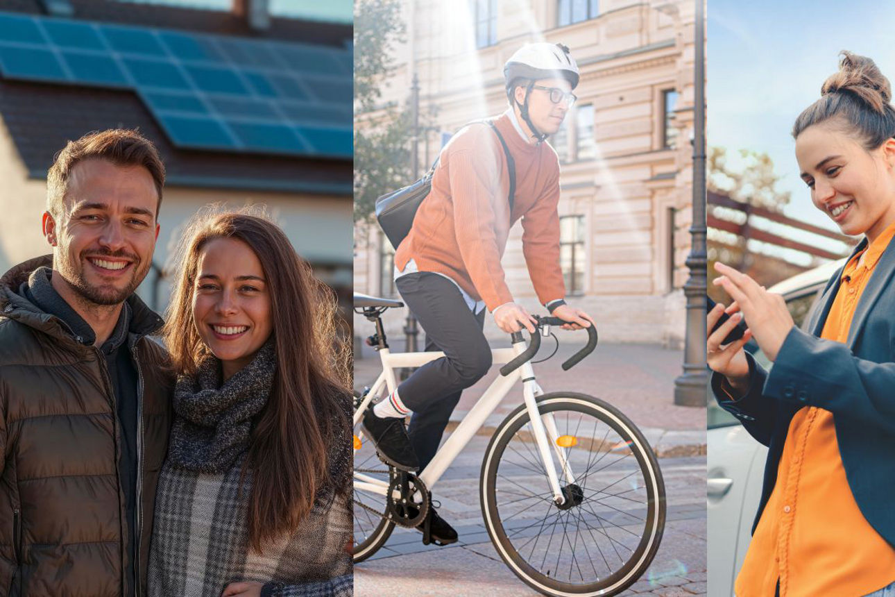 Energiespartalent-Collage: Pärchen vor Haus mit PV Anlage, Mann auf Fahrrad und Frau beim Laden ihres E-Autos