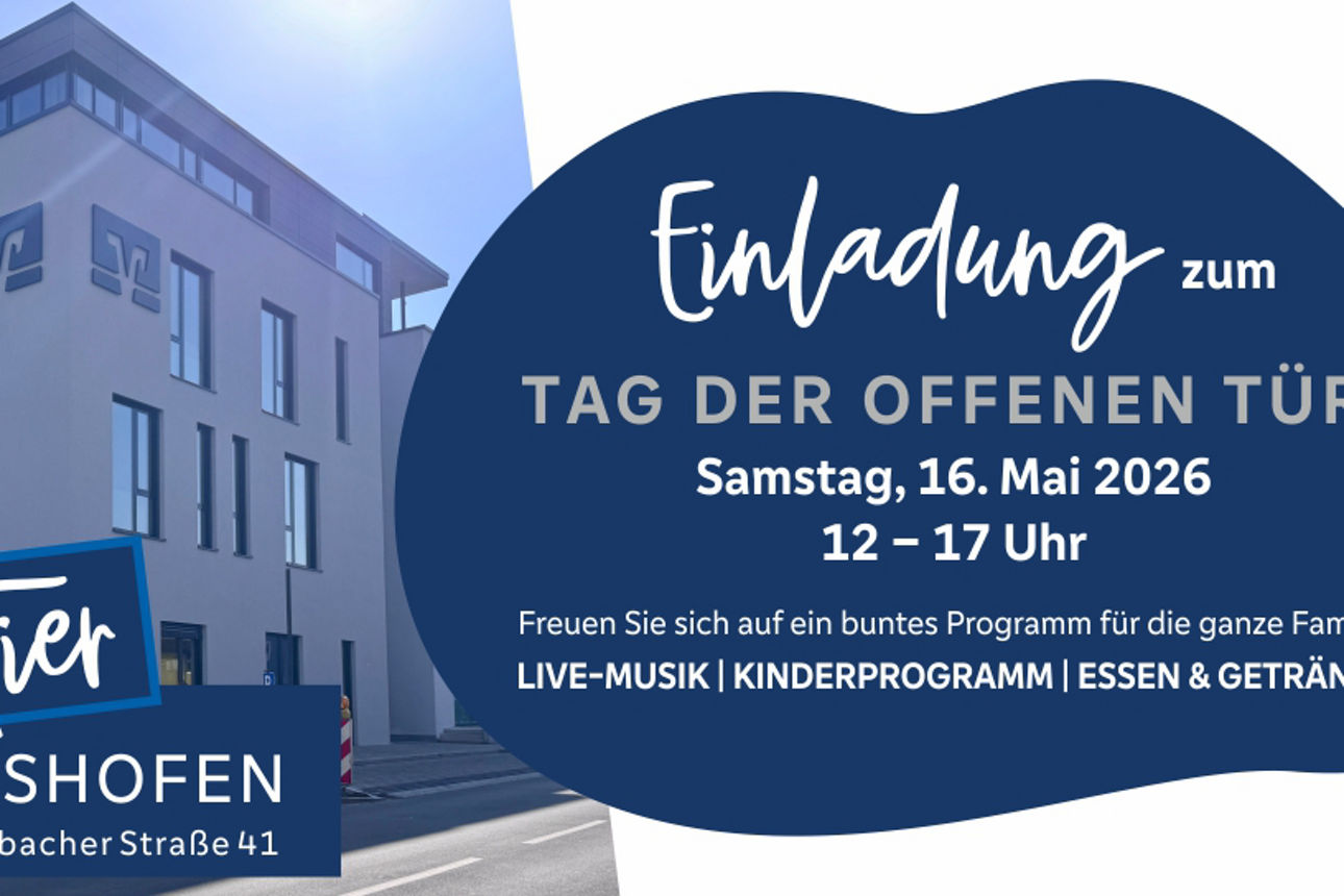 	Foto vom neuen Gebäude dem VR-Quartier. Text bezüglich Name, Adresse und Einladung zum Tag der offenen Tür inklusive Info.