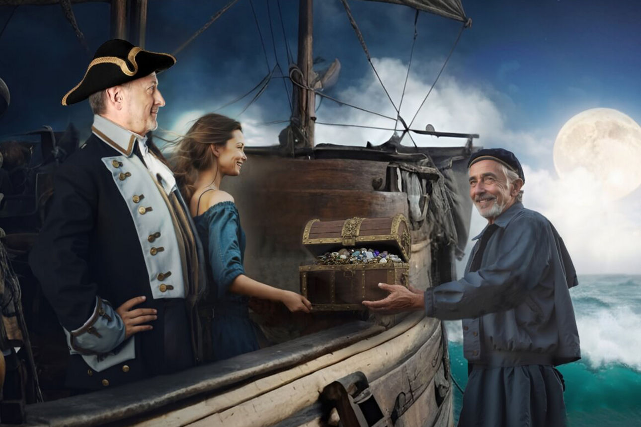 Mann und Frau stehen auf Schiff, Mann am Ufer übergibt eine Truhe mit wertvollen Gegenständen an Mann und Frau auf Schiff