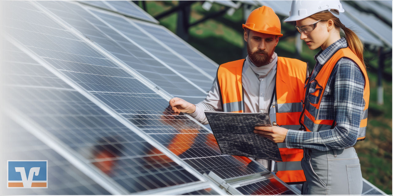 Zwei Personen mit Schutzhelmen und Warnwesten inspizieren Solarpanels und betrachten eine Bauzeichnung.