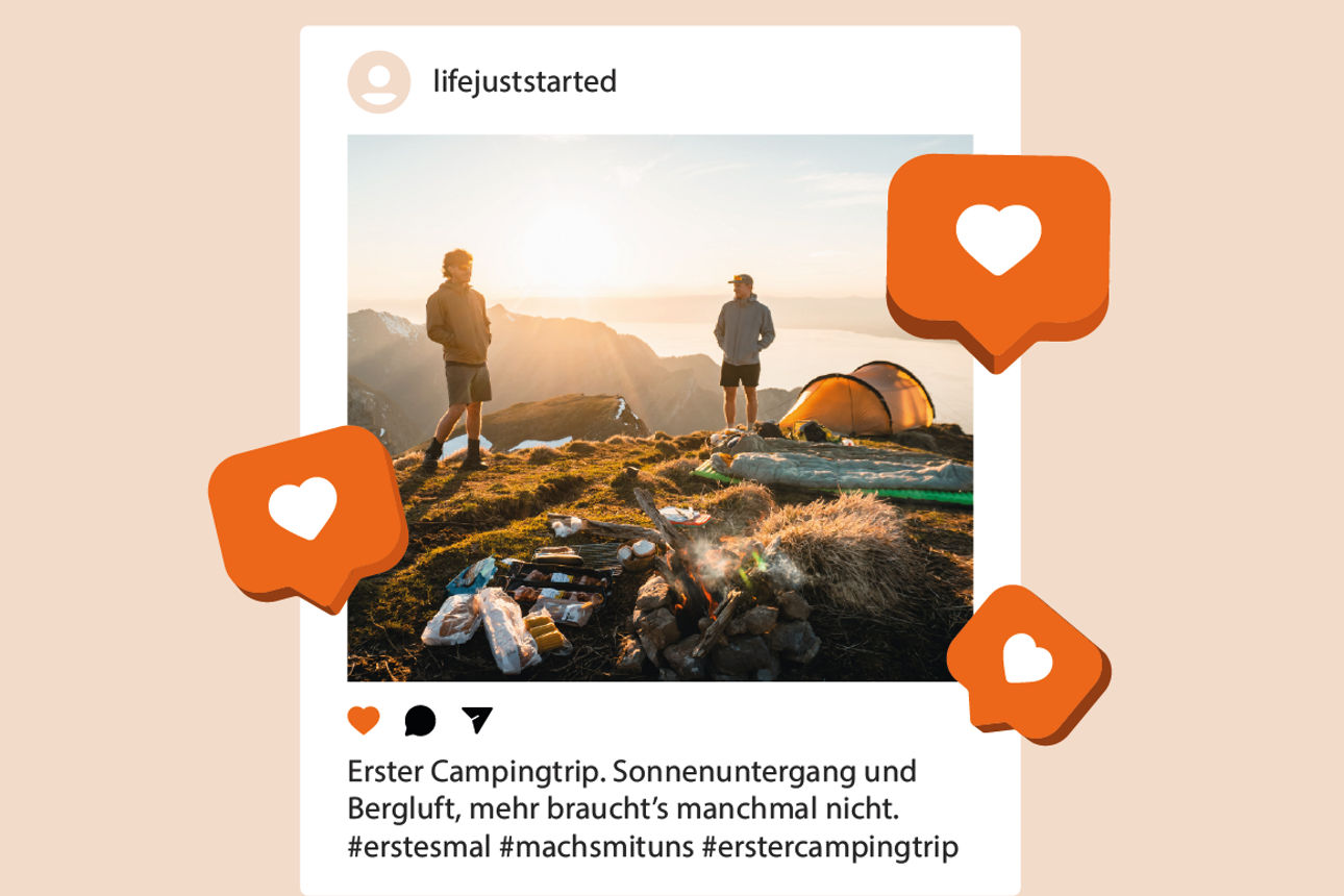 SocialMedia-Post mit 2 Menschen bei Sonnenuntergang auf vor Zelt