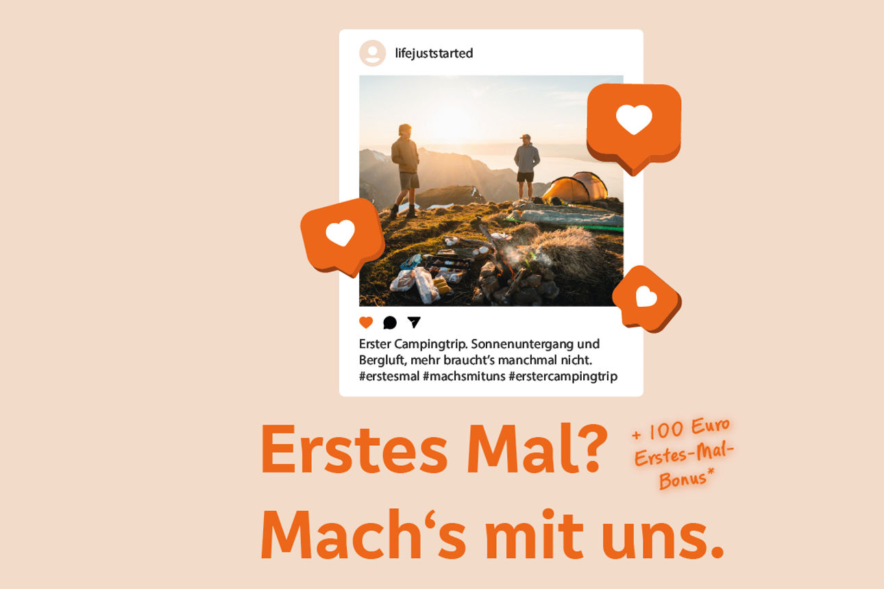 Erstes Mal? Zwei Männern mit Zelt auf einem Berg vor Sonnenuntergang