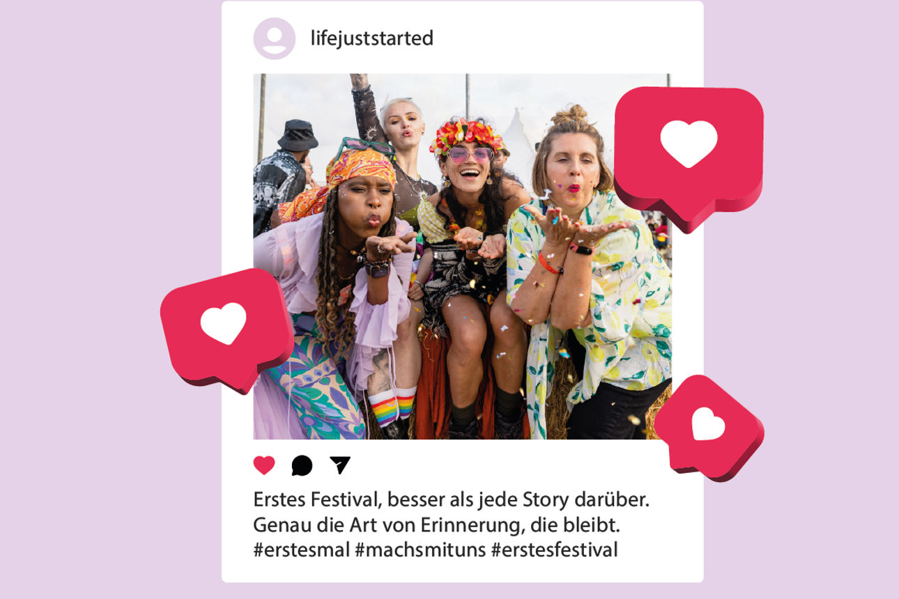 SocialMedia-Post mit vier glücklichen Mädchen auf einem Festival