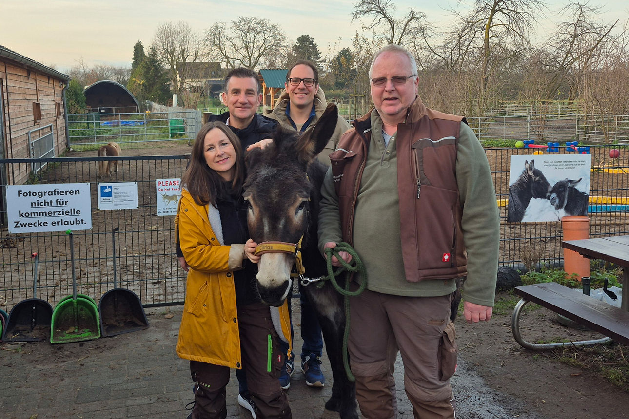Vier Personen und ein Esel im Park