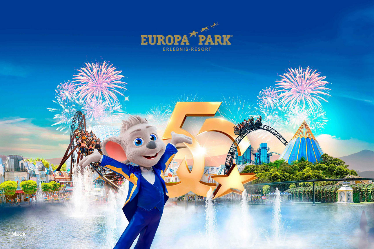 Abbildung der Euro-Maus des Europa-Park neben einer 50-Jahre Zahl