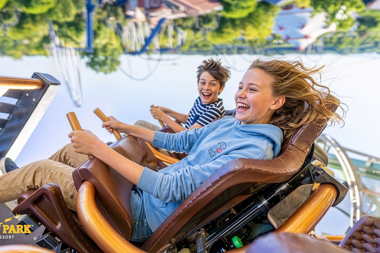 Zwei Jugendliche erleben rasanten Achterbahnspaß im Europa-Park.