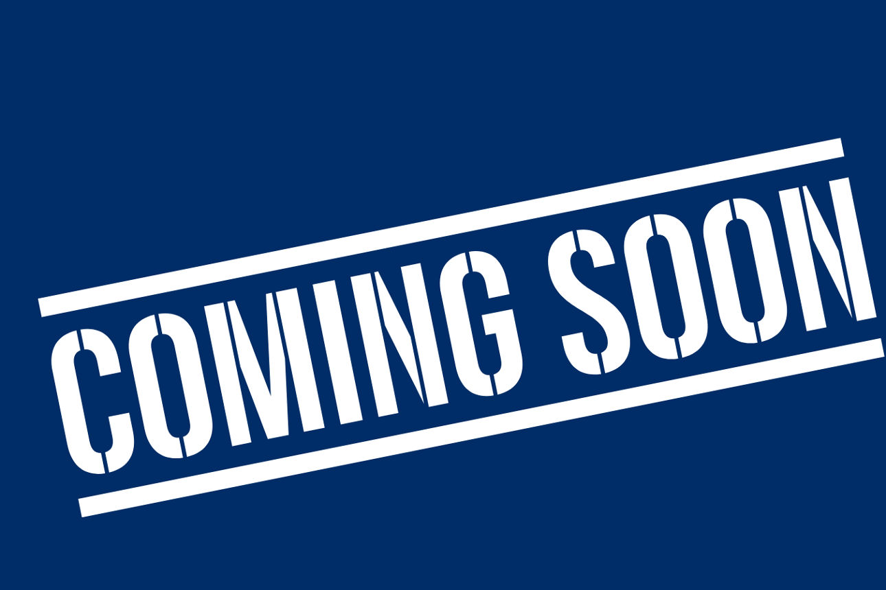 Blauer Hintergrund mit weißem Schriftzug „Coming Soon”.