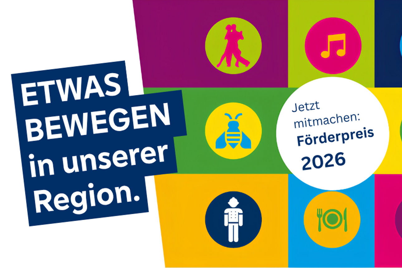 Bunte Kacheln: "ETWAS BEWEGEN in unserer Region" "Jetzt bewerben: Förderpreis 2026"