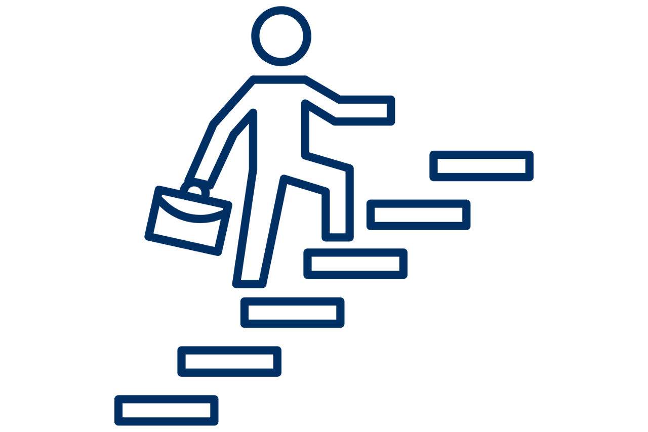 Ein Pictogramm einer Person mit einer Aktentasche, die eine Treppe hinaufgeht