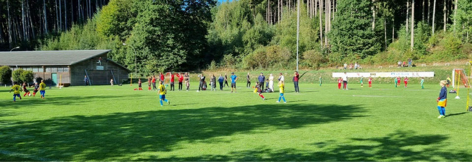 Das Bild zeigt zwei Mannschaften beim Fußballspiel.