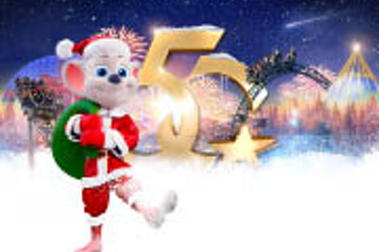 Maus auf dem Eis mit Europa-Park-Logo