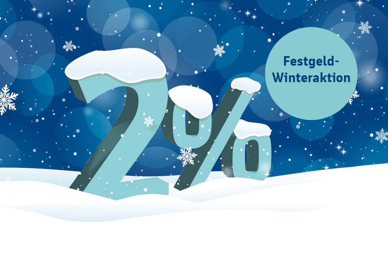 2% stehen in einer Schneelandschaft daneben ist ein türkiser Kreis mit dem Text Festgeld-Winteraktion