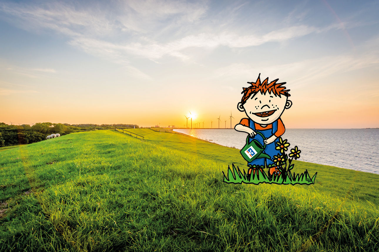 Comicfigur Fin auf einer Wiese mit einem Sonnenaufgang