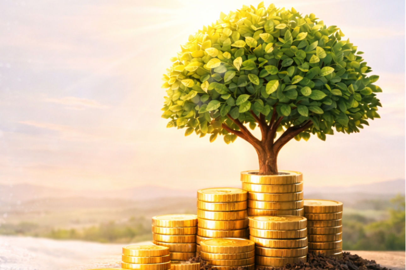 Prozentzeichen im Schnee vs. Baum mit Goldmünzen