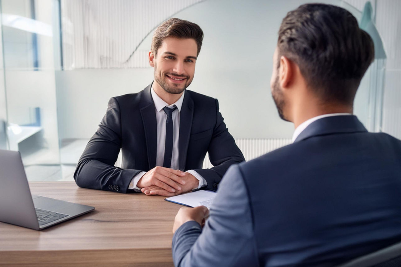Zwei Männer sitzen in einem Büro am Schreibtisch, beide tragen Anzüge.
