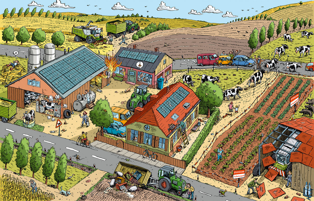 R+V Wimmelbild über Gefahren in der Landwirtschaft, die es abzusichern gilt