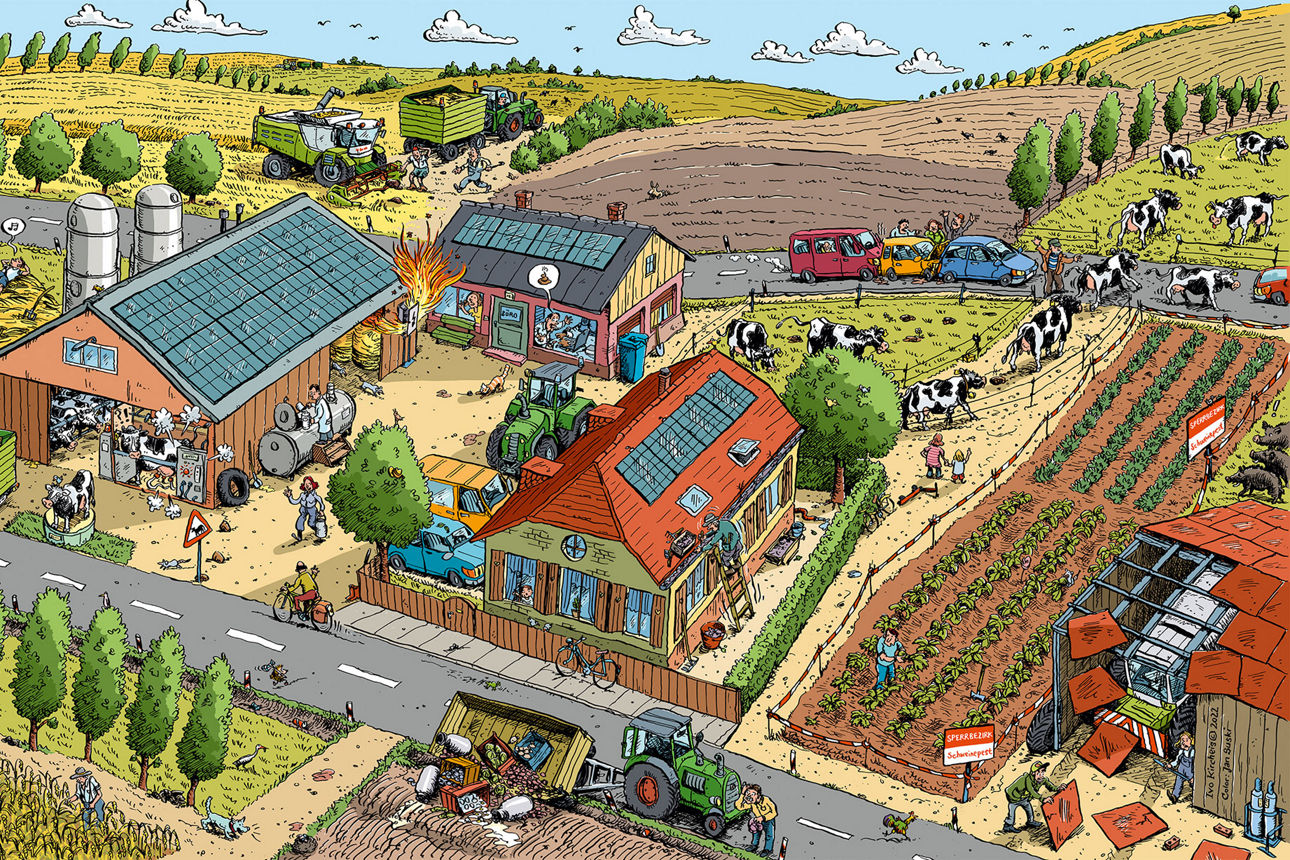 R+V Wimmelbild über Gefahren in der Landwirtschaft, die es abzusichern gilt