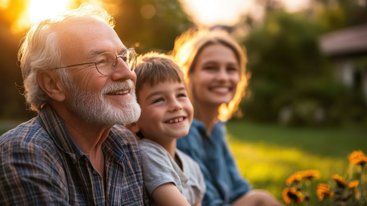 Eine glückliche Familie mit Großvater, Enkel und Mutter sitzt im Garten und genießt die Abendsonne