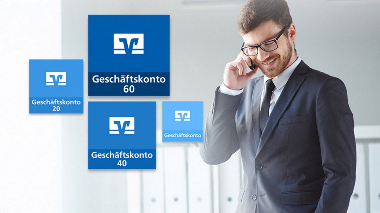 Ein Mann telefoniert mit dem Handy und im Vordergrund sind die Logos der Geschäftskontomodelle