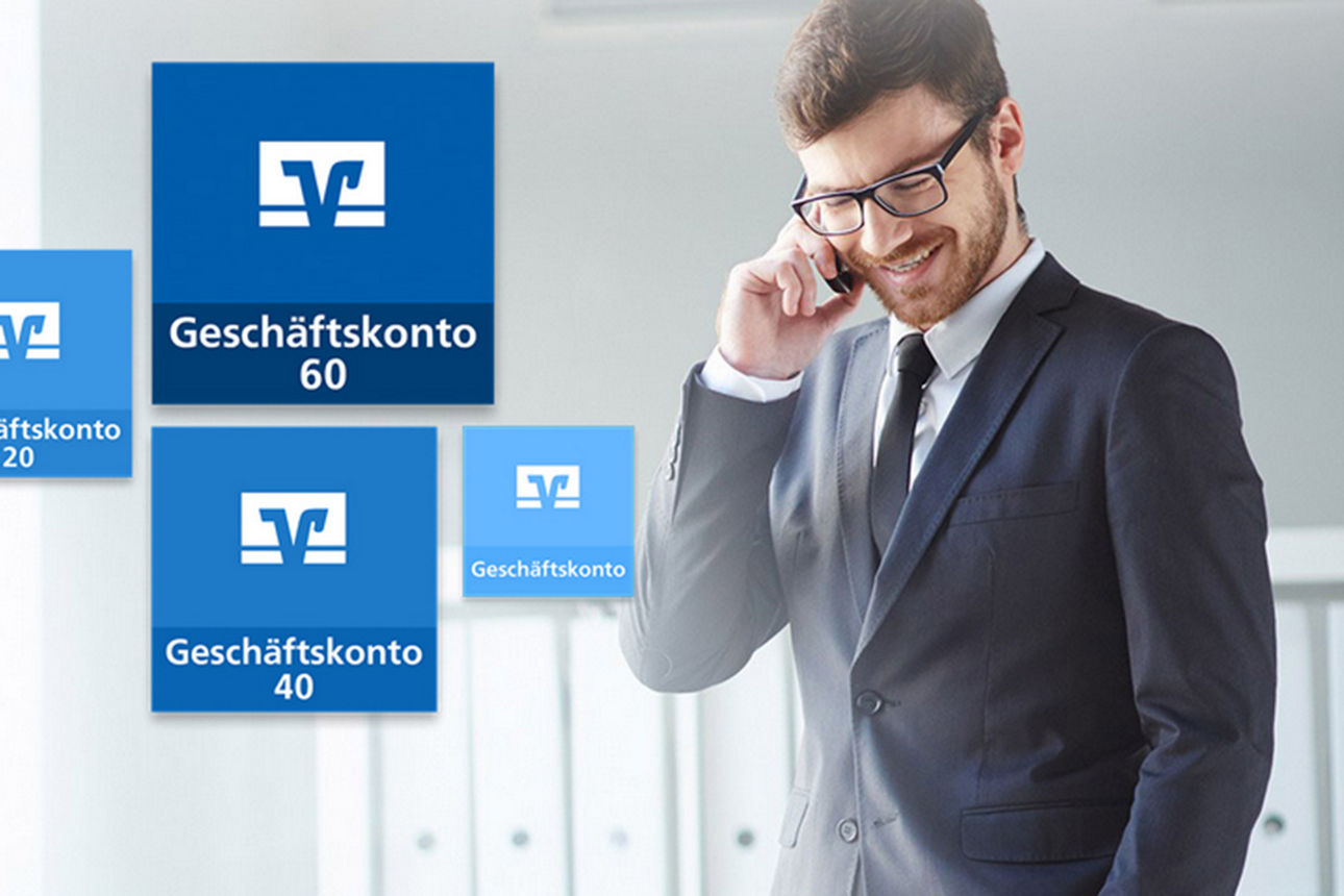 Ein Mann telefoniert mit dem Handy und im Vordergrund sind die Logos der Geschäftskontomodelle