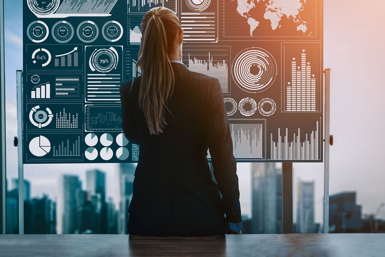 Die moderne Benutzeroberfläche zeigt umfangreiche Informationen zu Geschäftsberichten, Gewinndiagrammen und dem Aktienmarkt.