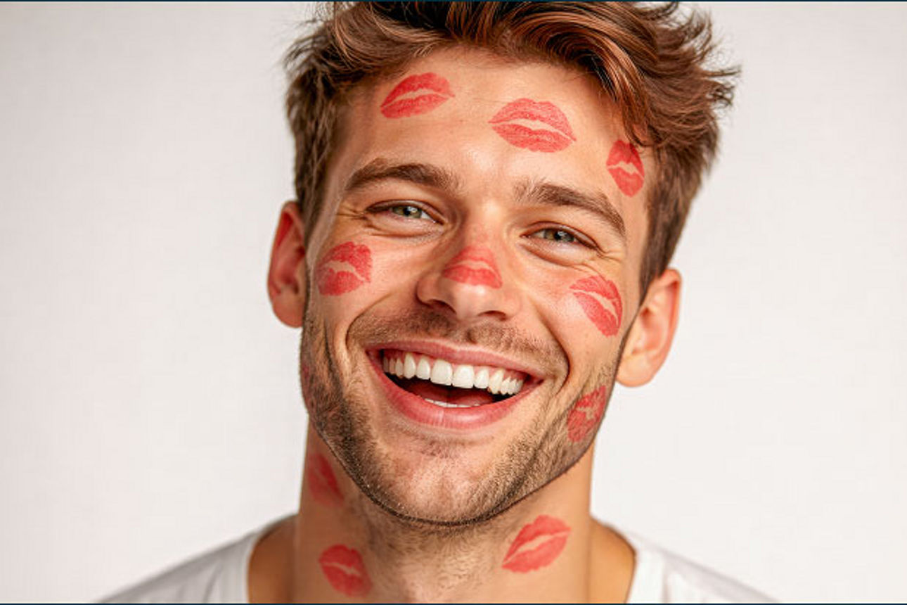 Lächelnder Mann hat Kussabdrücke am gesamten Kopf