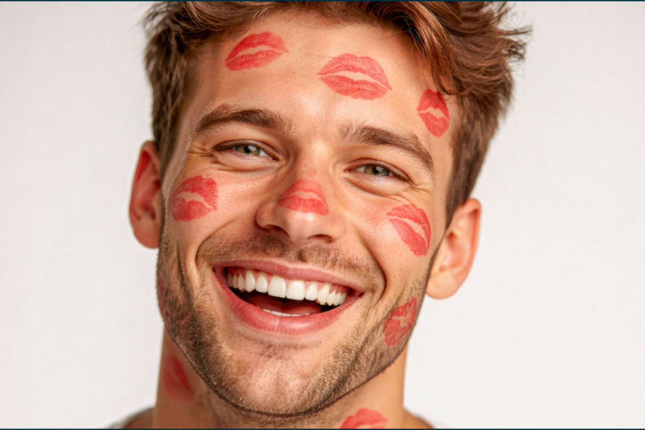 Lächelnder Mann hat Kussabdrücke am gesamten Kopf