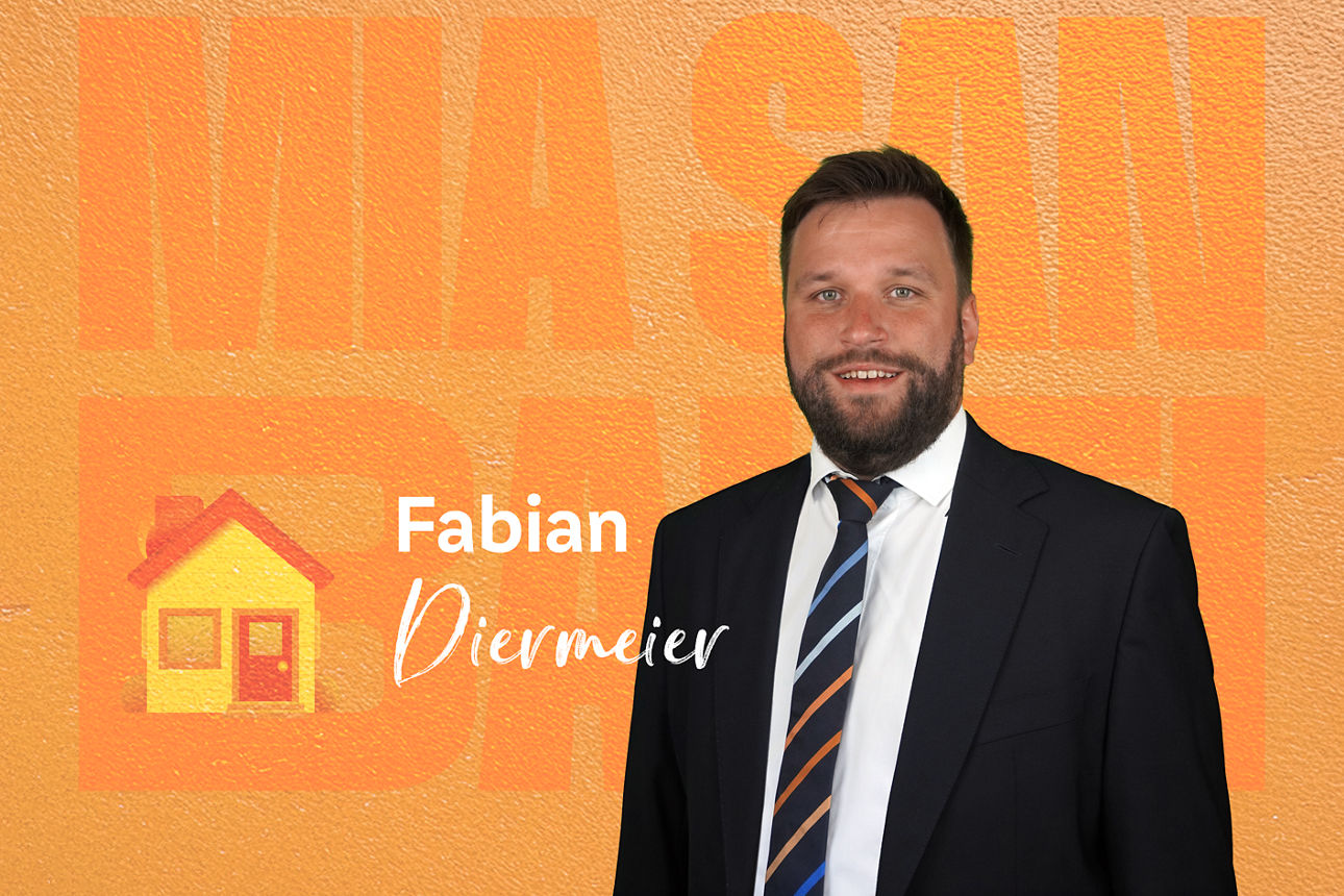 Das Bild zeigt einen Mann vor einem orangen Hintergrund mit weißen Text "Fabian Diermeier"