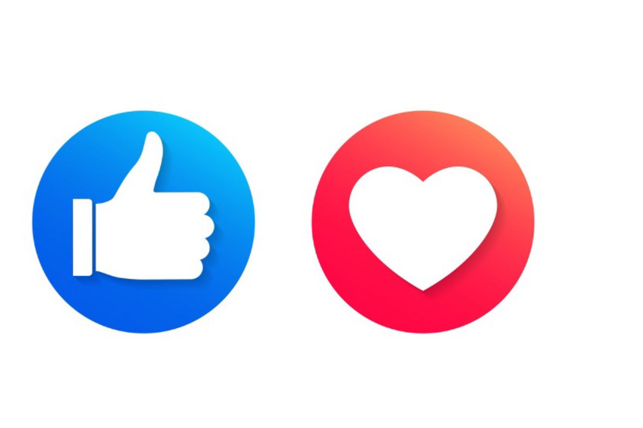 Like icons with thumb up and heart. Social media button symbols. Love and hand with finger circle signs. Vector illustration.