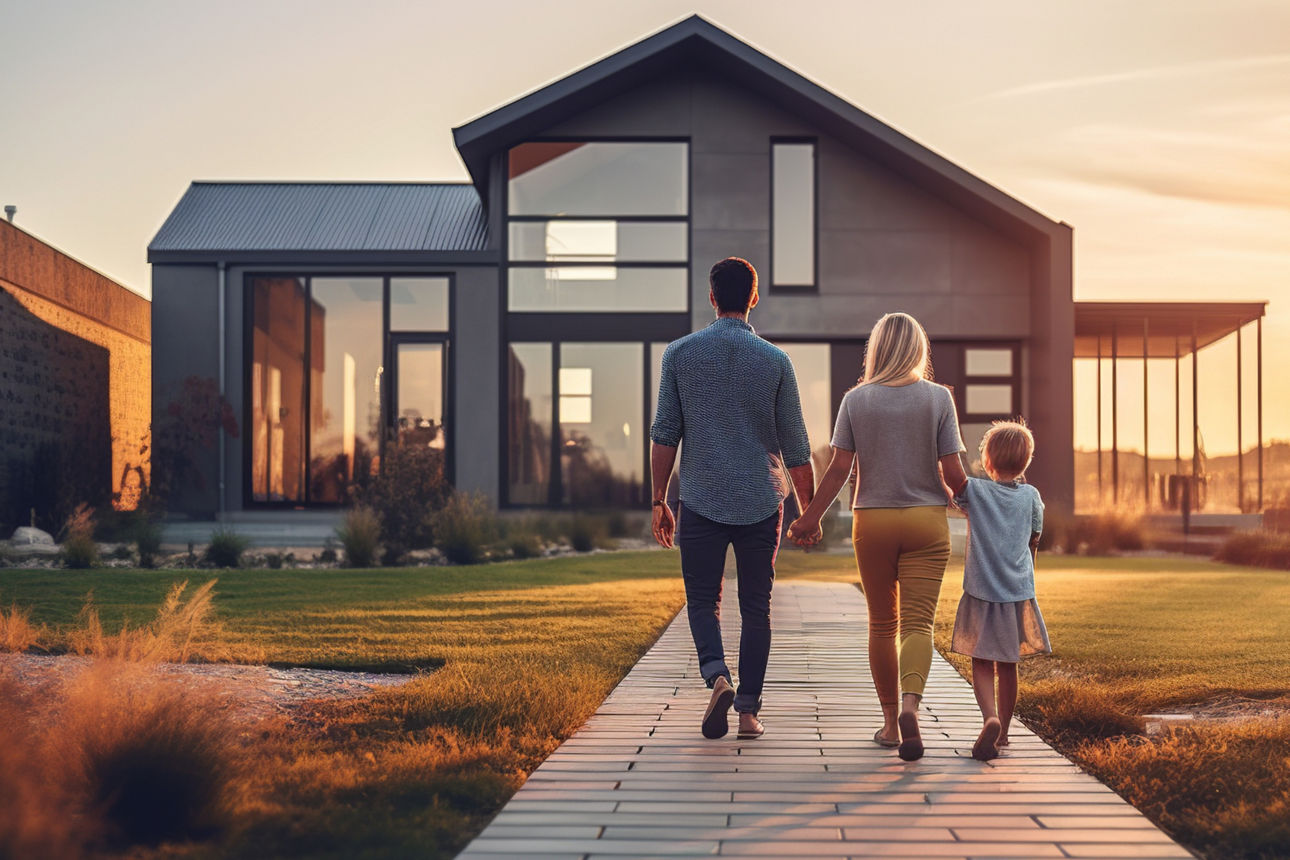 Familie vor einem Haus 