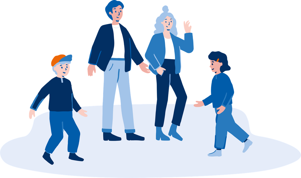 Das Bild zeigt eine vierköpfige Familie, die alle in Blautöne gekleidet sind und auf einer wolkenförmigen Plattform stehen.