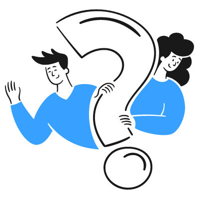 Illustration eines großen Fragezeichens mit einer Mann und einer Frau daneben