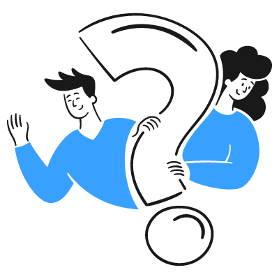 Illustration eines großen Fragezeichens mit einer Mann und einer Frau daneben