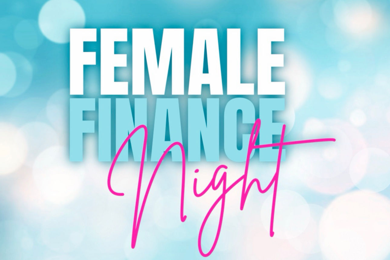 Grafik mit dem Schriftzug „Female Finance Night“ vor einem blau-weißen Hintergrund mit Lichteffekten.