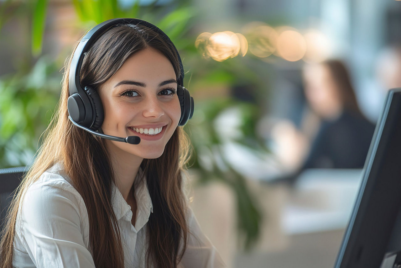 Lächelnde Frau mit Headset vor einem Computer