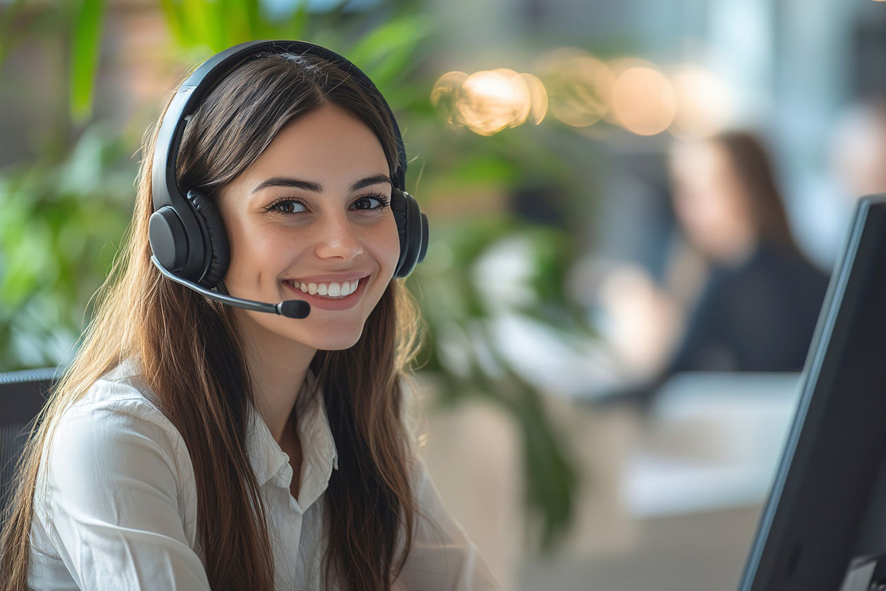 Lächelnde Frau mit Headset vor einem Computer