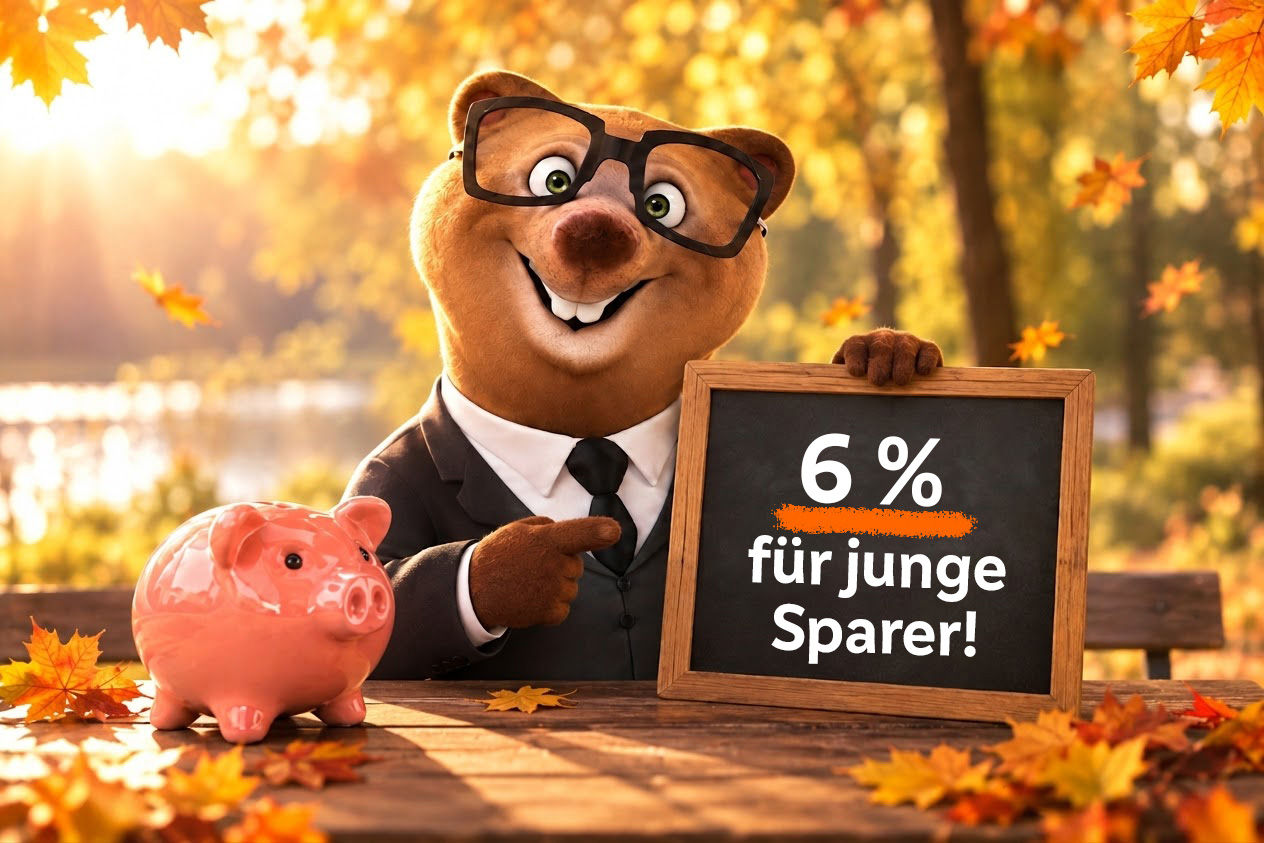 Weltsparwochen-Angebot für junge Sparer: Maskottchen neben einem rosa Sparschwein hält eine Tafel mit dem Hinweis auf 6,00 % 