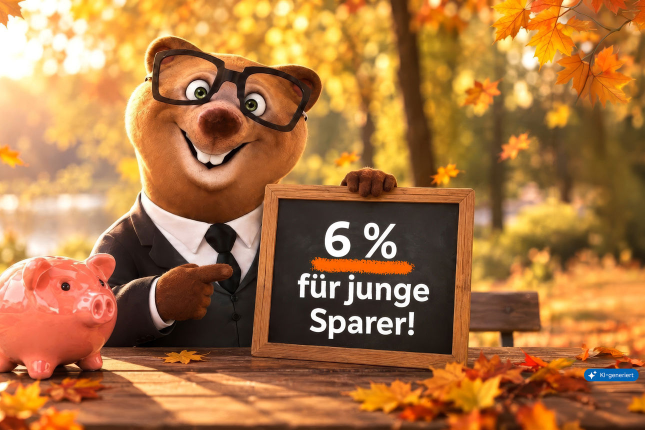 Weltsparwochen-Angebot für junge Sparer: Maskottchen neben einem rosa Sparschwein hält eine Tafel mit dem Hinweis auf 6,00 % 