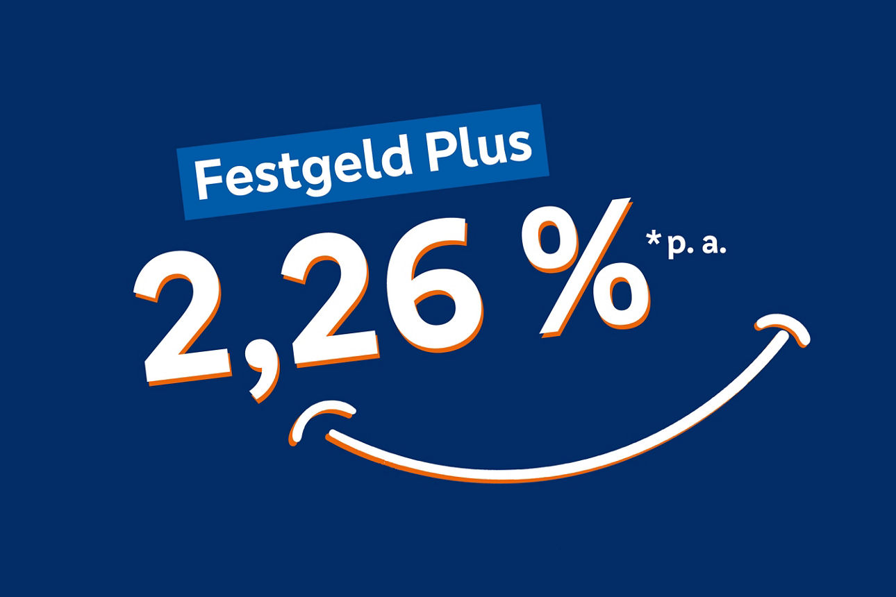 Weißer Text auf blauem Hintergrund. Festgeld Plus 2,26 Prozent pro Jahr mit gebogenem Strich als Lächeln.