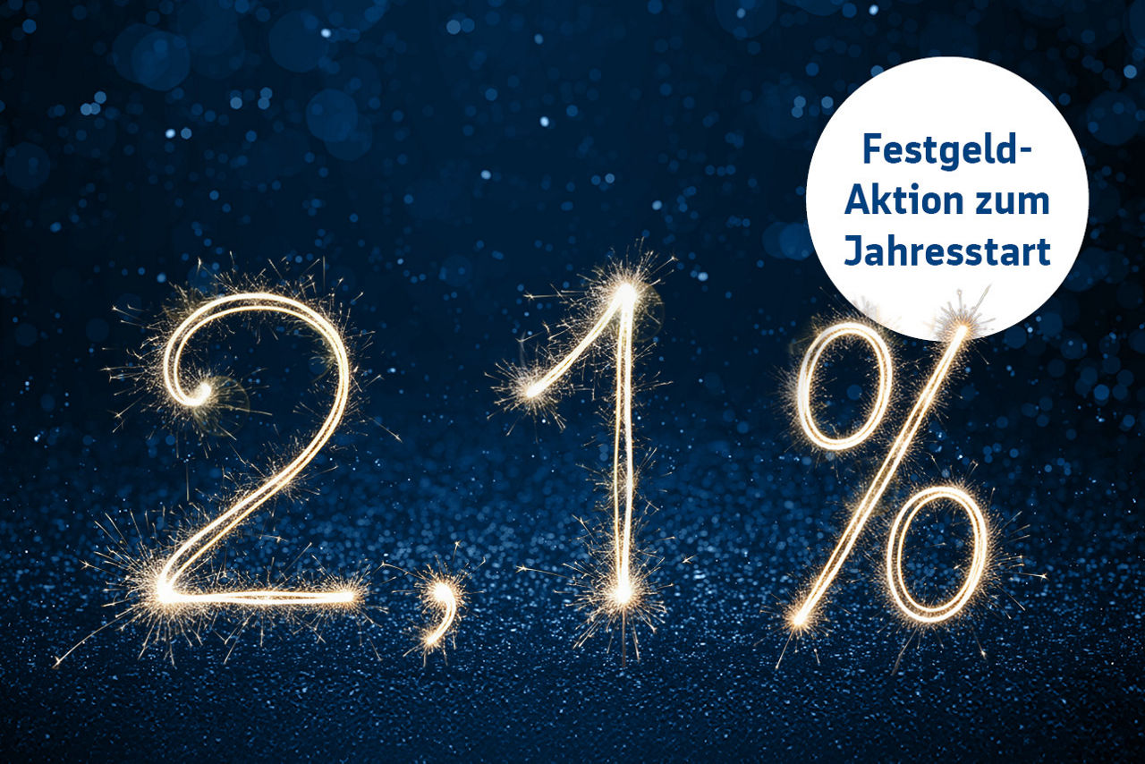 2,1 % Festgeld in goldener Schrift. Daneben ein weißer Kreis in dem mit steht: Festgeld-Aktion zum Jahresstart