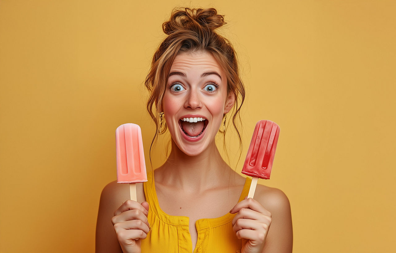 Frau hält zwei Eis in der Hand und freut sich