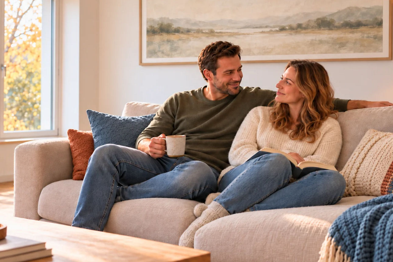 Ein Mann schaut liebevoll seine Frau auf dem Sofa an und hat eine Tasse Kaffee in der Hand