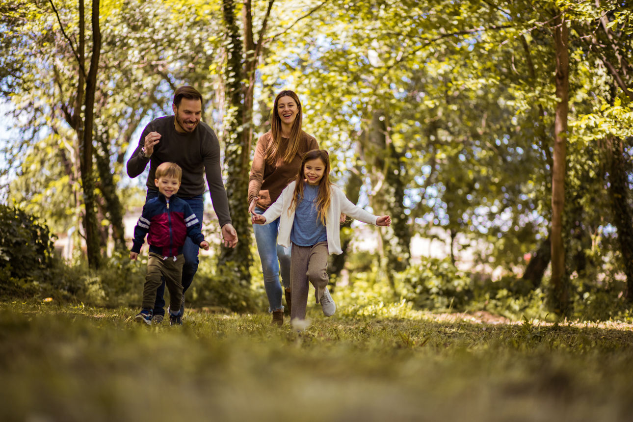 Eine Familie läuft durch einen Wald.