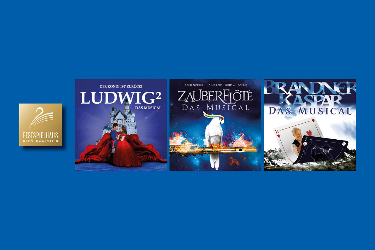 Rabatte Festspielhaus Neuschwanstein mit Logos der Produktionen Ludwig², Zauberflöte - das Musical und Brandner Kaspar - das Musical