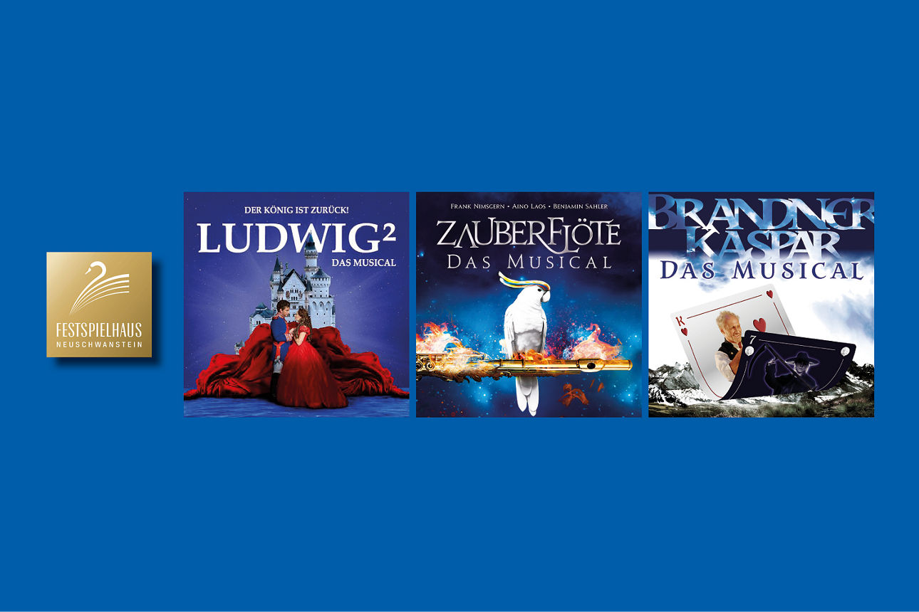 Rabatte Festspielhaus Neuschwanstein mit Logos der Produktionen Ludwig², Zauberflöte - das Musical und Brandner Kaspar - das Musical