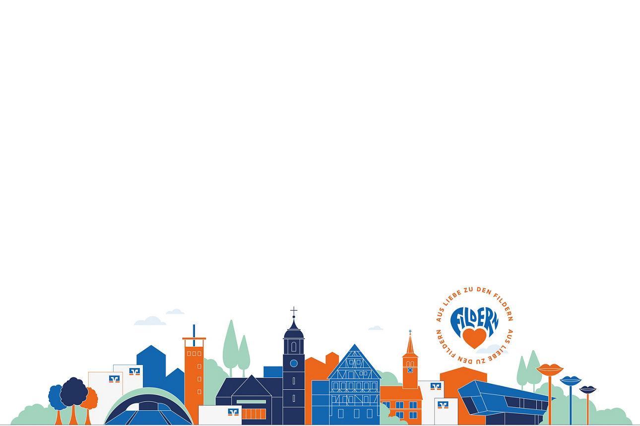 Filder Skyline in blau und orangenen Farben gezeichnet  mit dem Logo aus Aus Liebe zu den Fildern