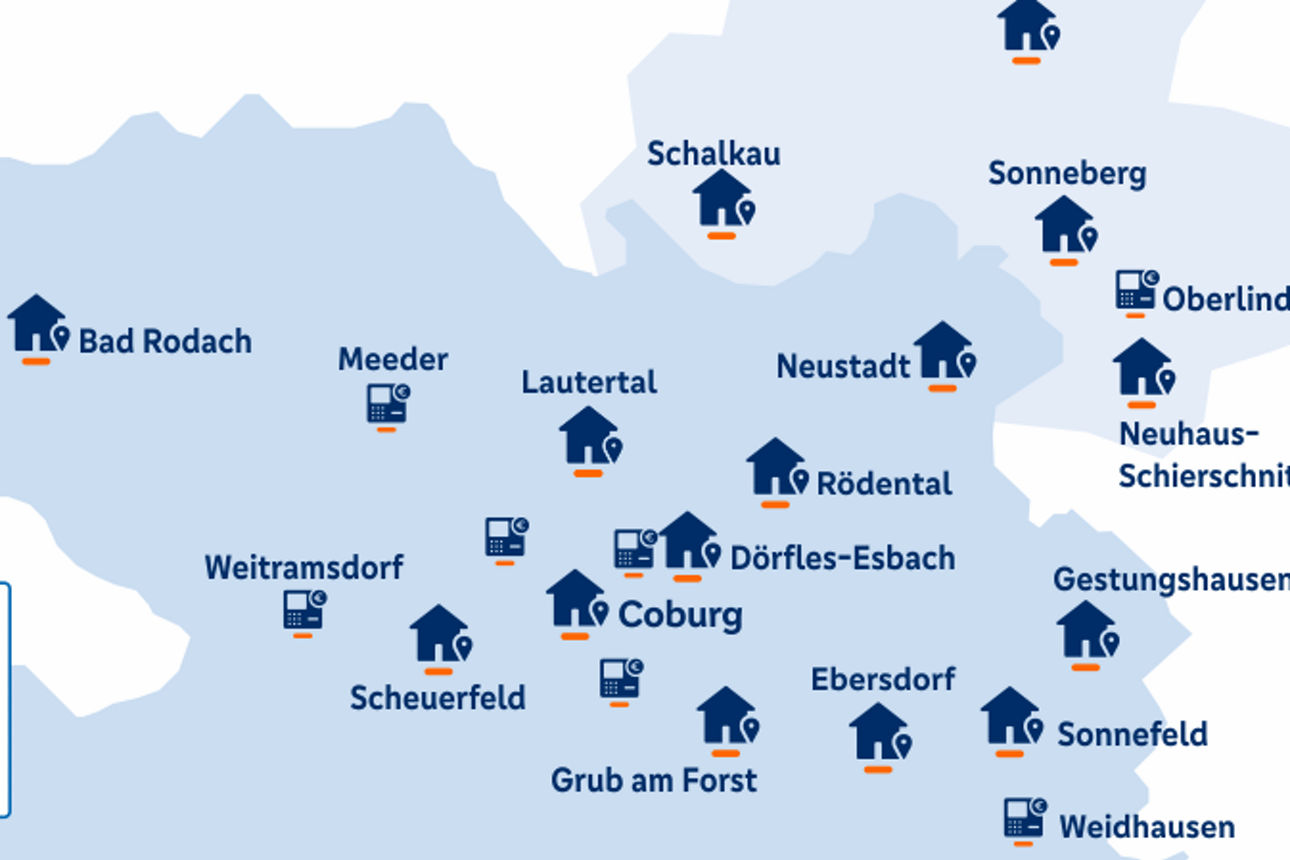 Karte mit den Standorten der VR-Bank Coburg